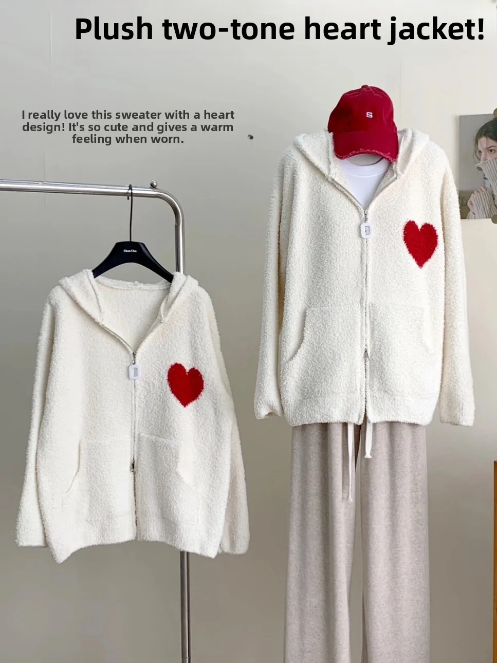 

Korean Sle f Fce Hooded Jaet Color Blo Heart Pattern Loose Lazy Sle Sweater Cardigan Non-Ball Looming Soft Long...