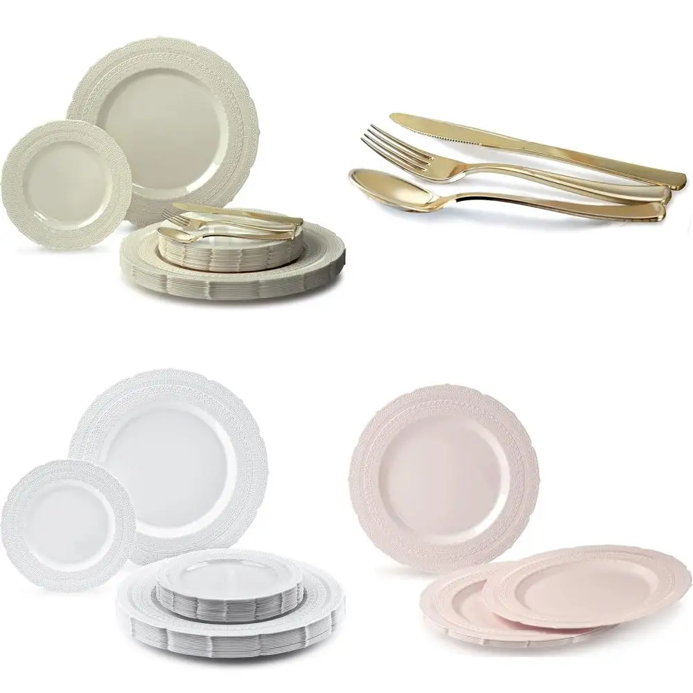 

Одноразовый сверхпрочный набор свадебной посуды для 25 гостей: 125 тарелок, столовых приборов, золото и серебро