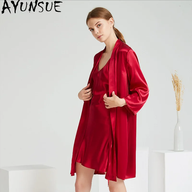 AYUNSUE 100% Mulberry Silk Robes for Women 19MM Silk Night Wear Female 2026 Spring Summer Sleepwear Bathrobes Pijama Feminino