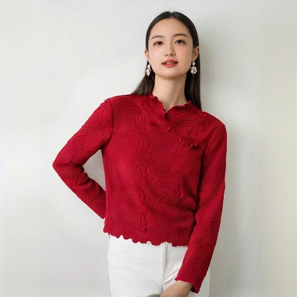 

Miyake Pleated Spring New Arrival Chinese Knot Stand-Up Collar Pleated Cloud Embossed Long-Sleeved T-Shirt Versatile Top