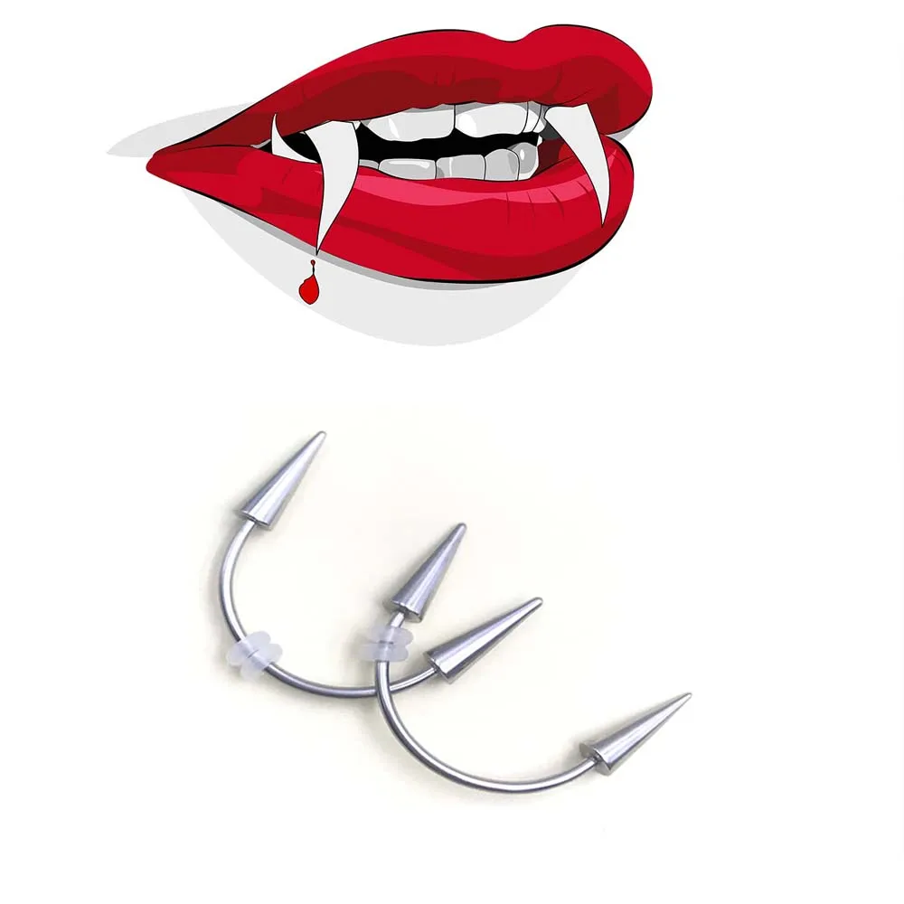 WKOUD 2 Pcs  Piercing Tiger Teeth Vampire Stainless Steel Smile Lip Nail Jewelry  Fangs Dracula Septum 3 Style