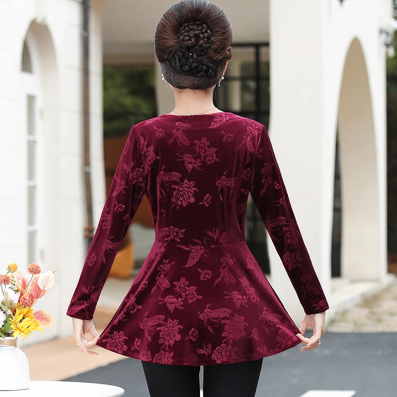 New Autumn Women Lace V neck T Shirt Velvet T-Shirts Female Long Sleeve Tee Shirts Femme jacquard weave Tops Pullover