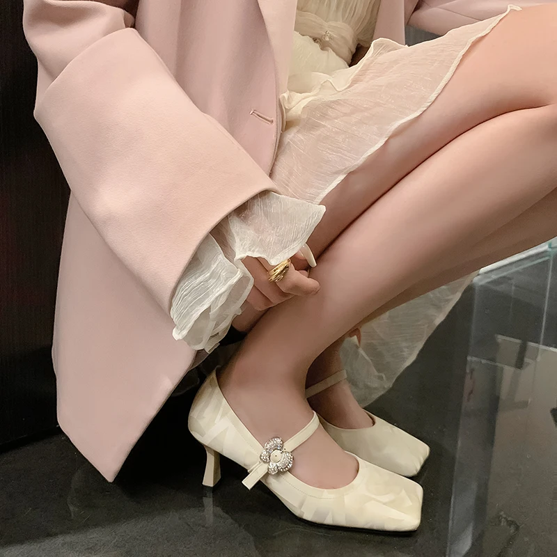 2024 new spring women pumps scarpe in pelle naturale 22-24.5cm pelle bovina ++ pelle di pecora stampata punta quadrata fibbia Mary Jane scarpe donna