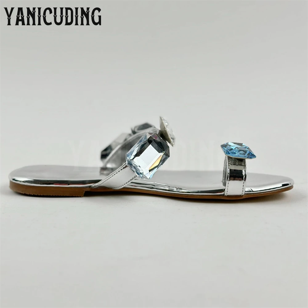 متعدد الألوان كريستال نعال مسطحة الفضة براءات الاختراع والجلود الوجه يتخبط الفاخرة الياقوت الفضة حجر الراين الشقق النساء شبشب صيفي #4