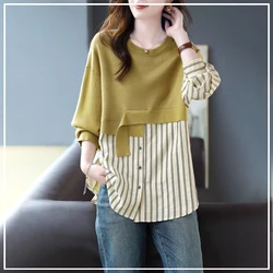 Senior Sense of Design Large Size Loose Fake Two Pieces Montage Show Off Weight Hoodies Shirt Asymmetric Women's Top Autumn 2024