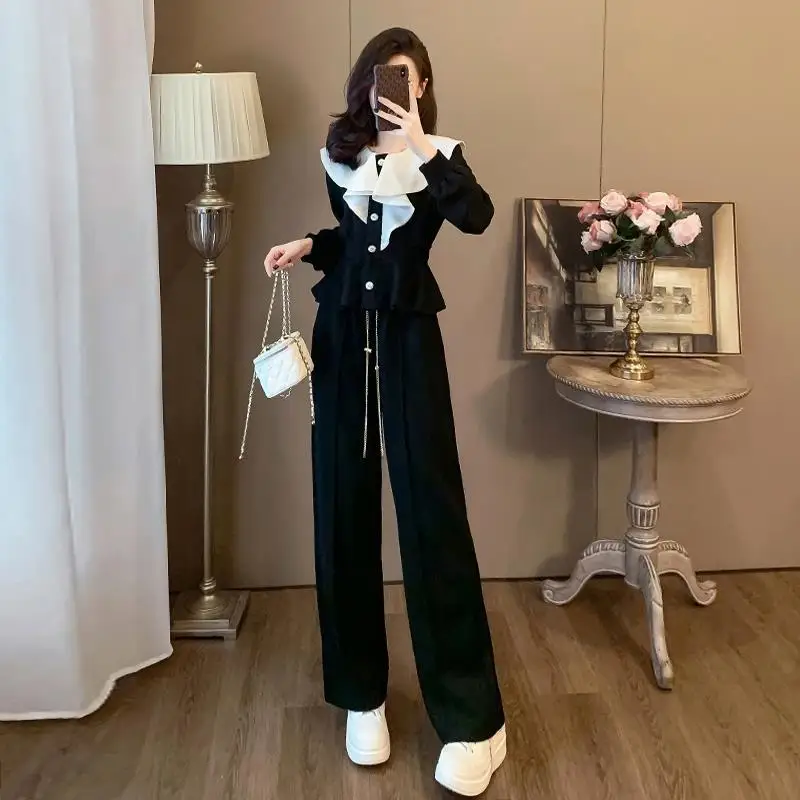 

Xiaoxiangfeng Leisure Fashion Suit Women's Spring Autumn Age Reducing Ruffled Round Neck Top Sports Wide Leg Pants Two Piece Set