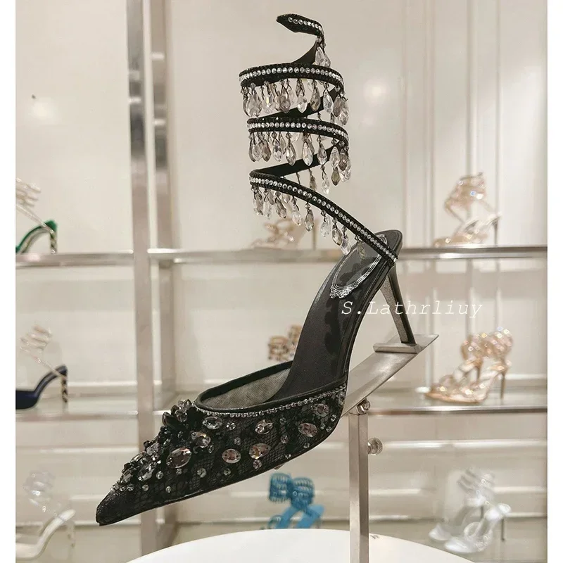Summer High Heels Sandals Women's Rhinestone Tassels Snake Shaped Winding Wedding Shoes Pointed Toe Stiletto Gladiator Sandalias