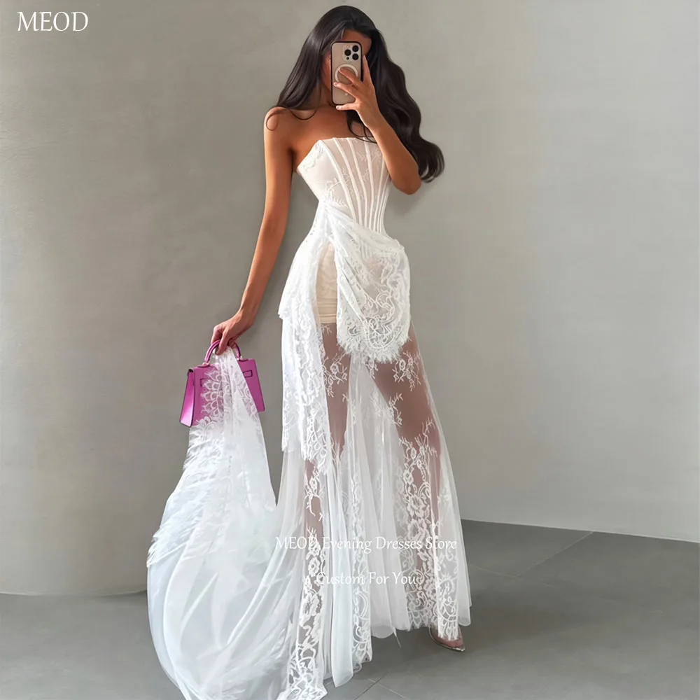 MEOD White Strapless Mermaid Women's Wedding Dress Sleeveless Lace Appliques Bridal Gown Long Train Vestido Novia Customized