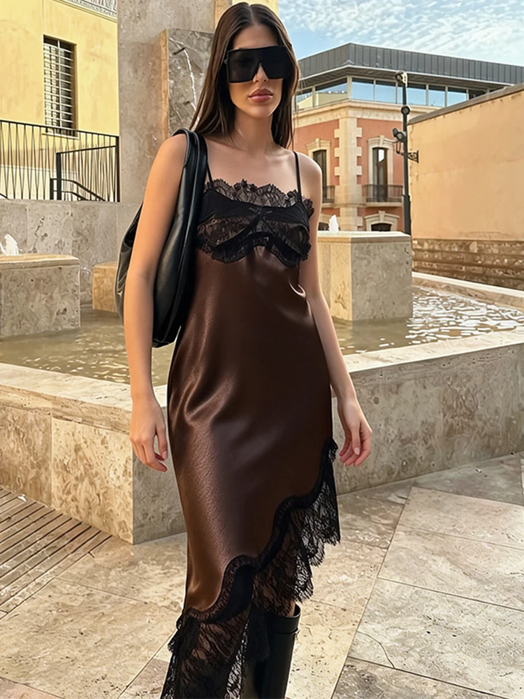 2026 Women Sexy Lace Splice Dresses Fashion Sleeveless Backless Satin Dresses For Women Spring Summer Elegant Party Dresses