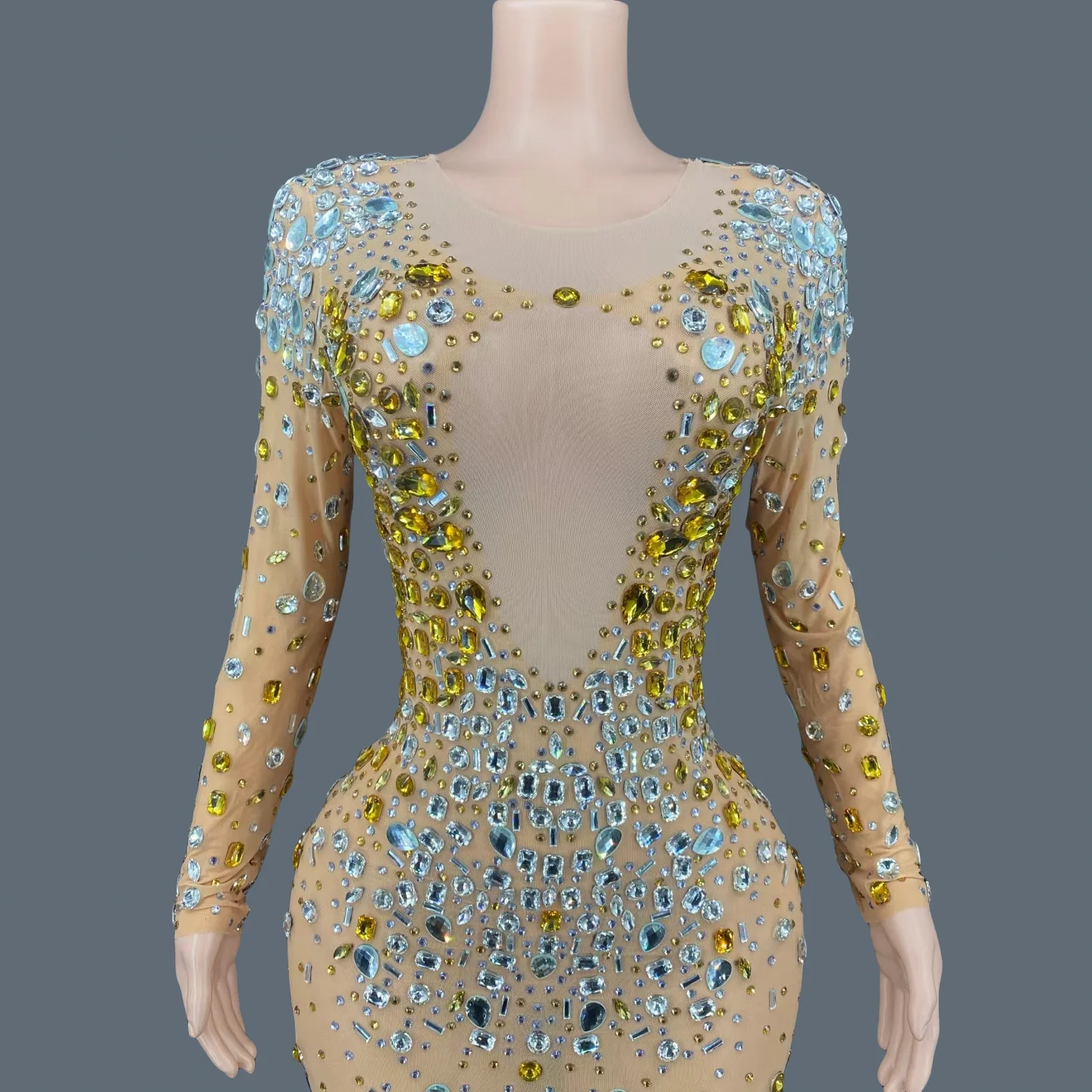 

Luxury Dinners Crystals Mesh Long Dress Women Birthday Celebrate Sparkly Rhinestone Evening Gown Singer Performance Wear baijin