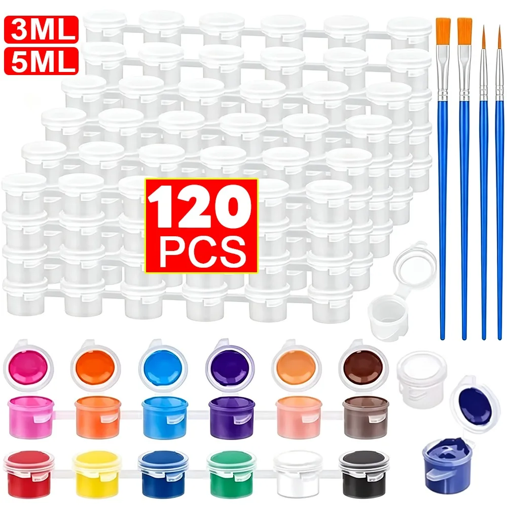 120Pots Empty Paint Pots with Lid 20 Strips 3/5ml Clear Storage Containers with Paint Brushes Arts Crafts Supplies for Paintings