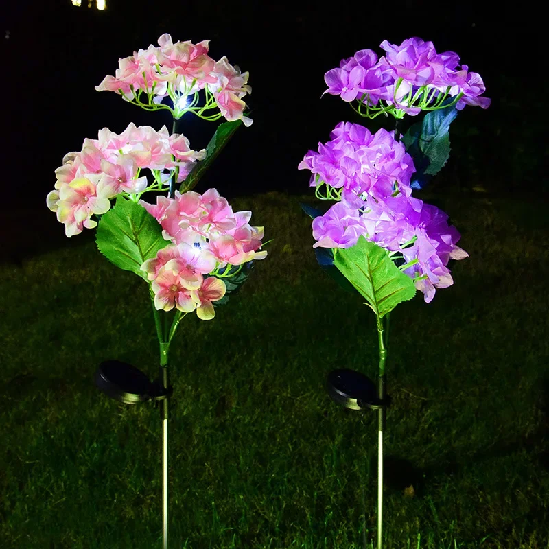 3 Head Hydrangea rose Ground Plug Solar Light Garden Courtyard Lawn Outdoor Artificial Flower LED Decorative Lights Waterproof