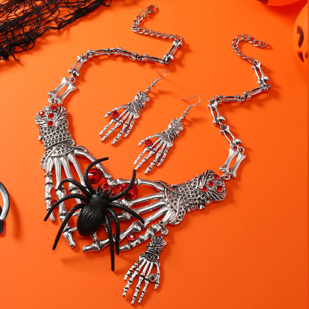 2024 Halloween accessories New Ghost Hand Skull Pendant Necklace and Earrings Jewelry Set Combination