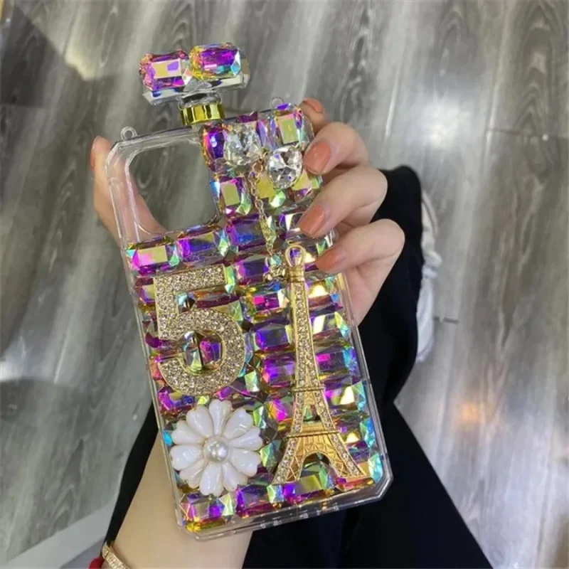 

Luxury 3D Eiffel Tower Perfume Bottle Glitter Bling Diamond With Chain Cases For iphone16 15 14 13 12 11 Pro Plus MAX XR