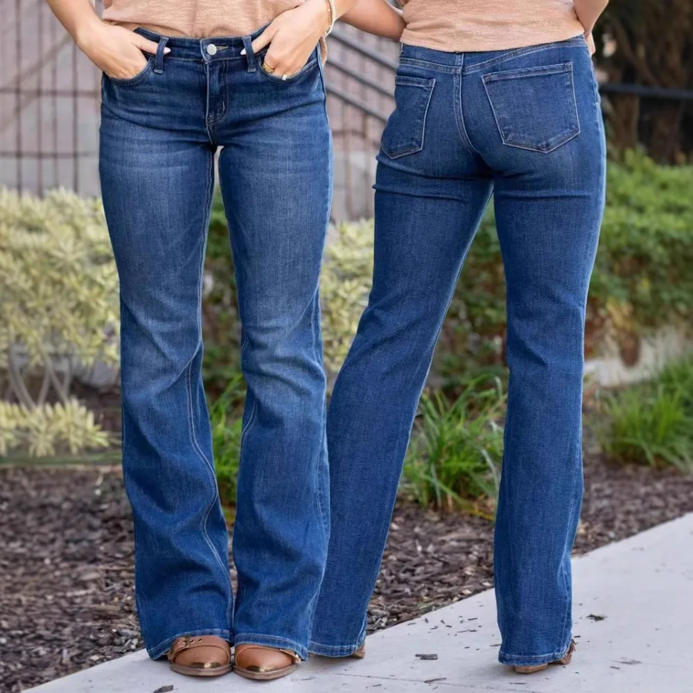 

2026 Весенние новые трансграничные европейские женские узкие эластичные расклешенные джинсы с высокой талией