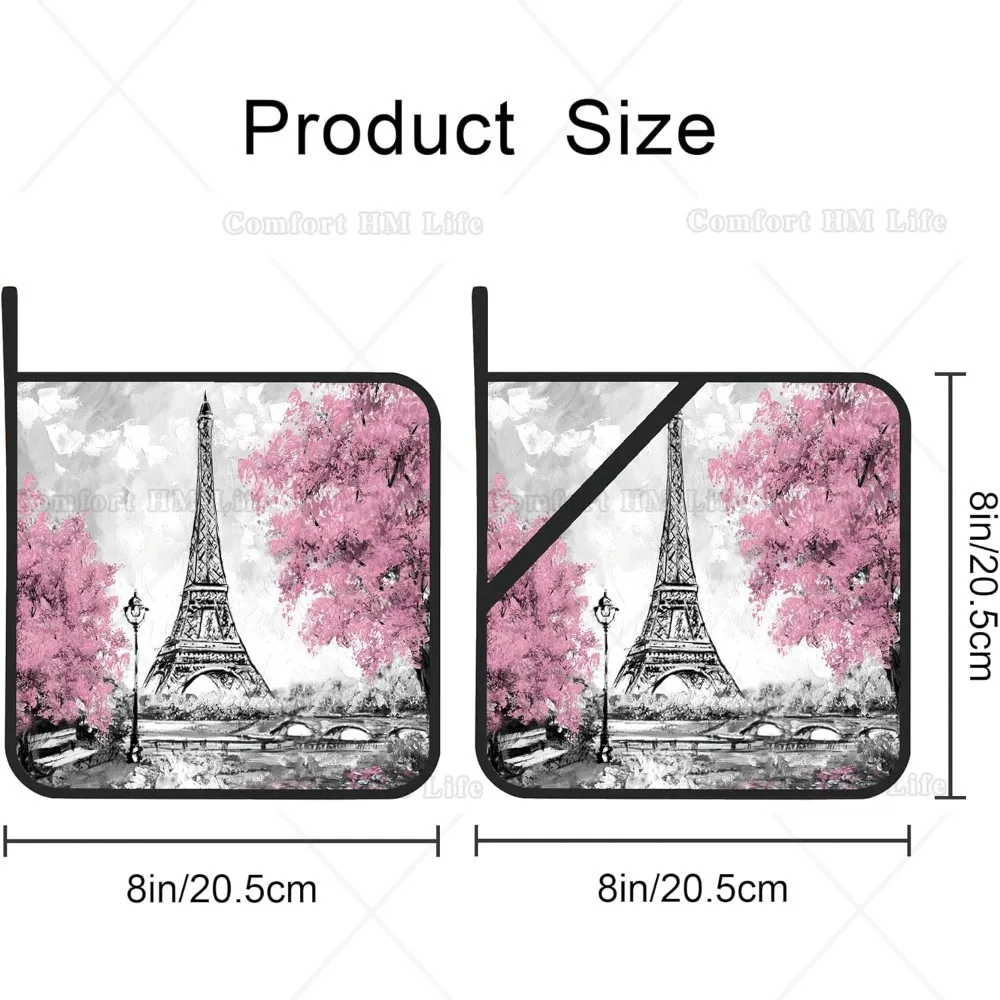 Paris Eiffel Tower Oil Painting Pot Holders Set of 2 Kitchen Heat Resistant Potholder for Microwave Cooking Baking BBQ