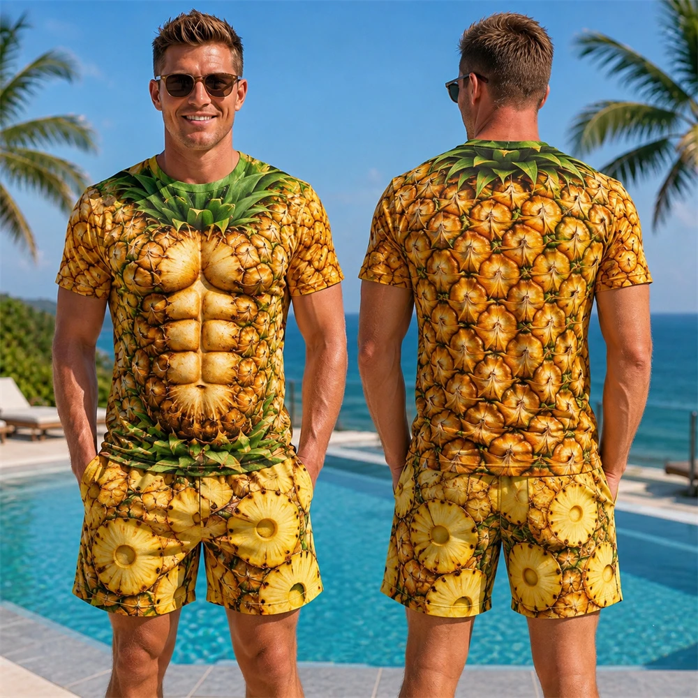 Funny Fruit Theme 3D Print Fake Muscle T-shirt For Men Summer Beach Party Humour Round Neck T Shirts 2026 New Vacation Leisure