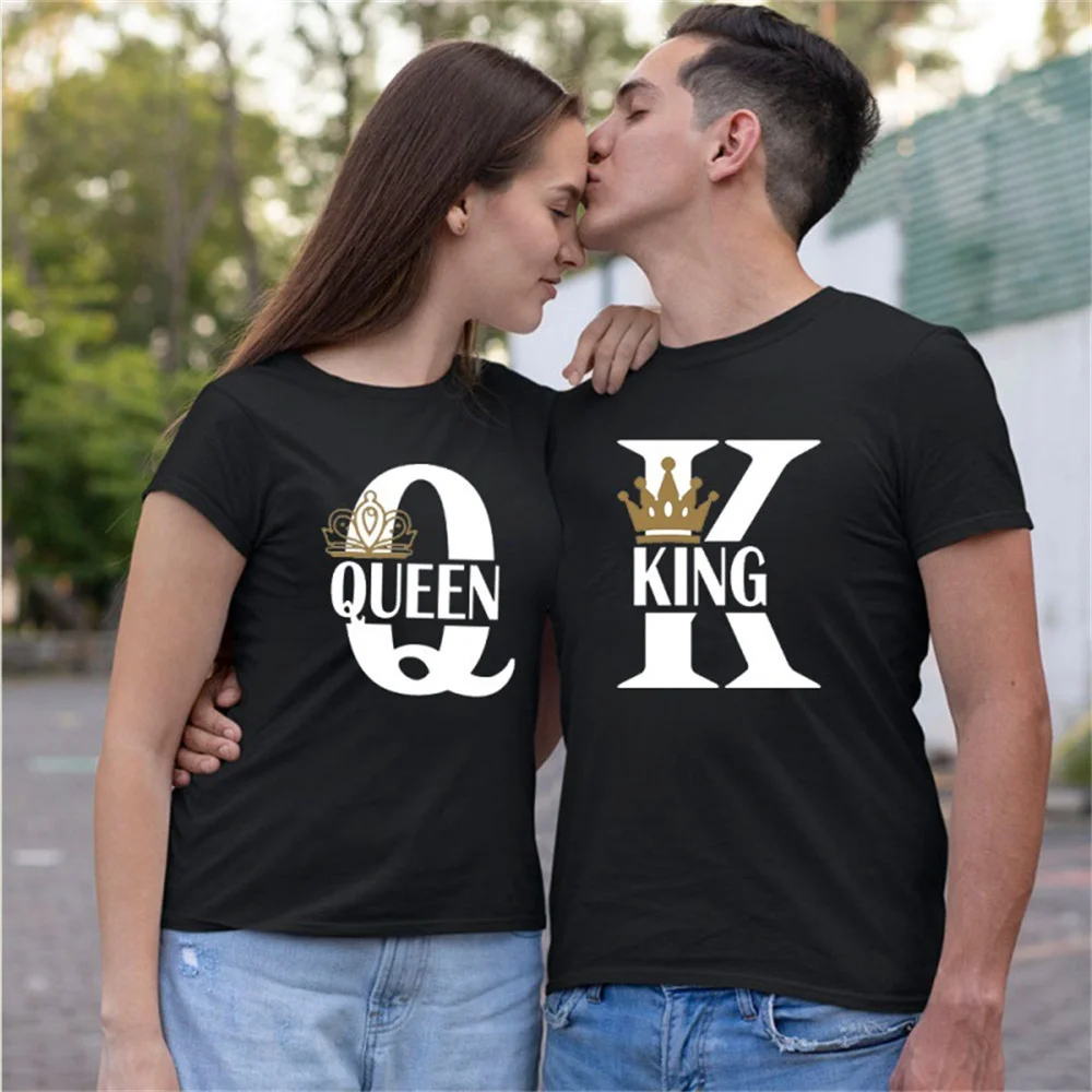 KING QUEEN Men\'s and Women\'s Couple Printed Hoodie 100% Cotton Short sleeved T-shirt Plus Size