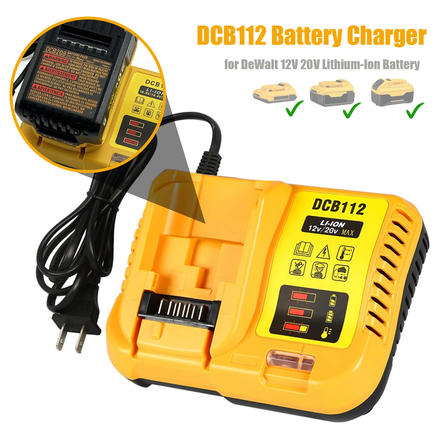 EU DCB112 Battery Charger Replacement for DeWalt 12V 20V Lithium-Ion Battery DCB208 DCB201 DCB200 DCB612(Not included Battery)