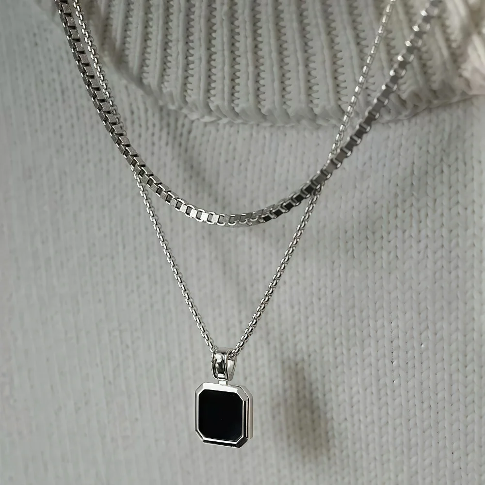 Hip Hop Stainless Steel Square Pendant Necklace Retro Tiger Eye Stone Men Necklace Square Pearl Chain Jewelry Accessories
