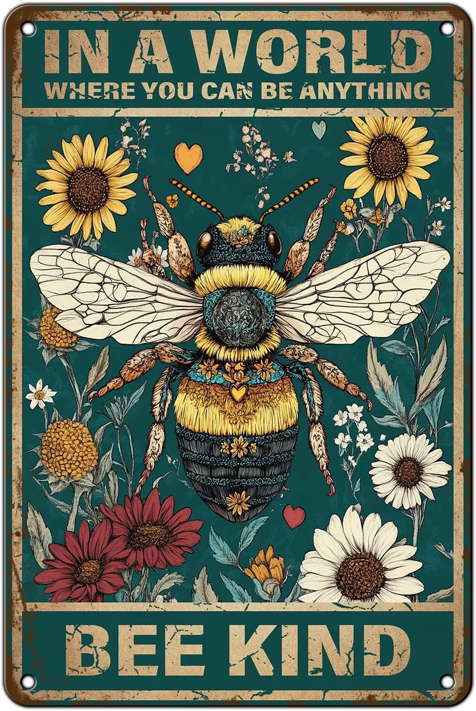 1p,Bee Flower Vintage Metal Tin Sign Be Kind Inspirational Quotes Metal Tin Signs Metal Plaque Retro Bedroom Bathroom Decor 12 *