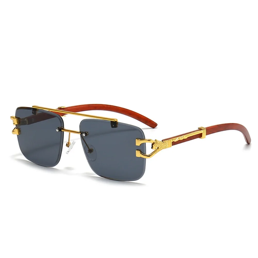 New frameless leopard head sunglasses marine sheet glasses cross-border double beam square frame sunglasses anti-purple line