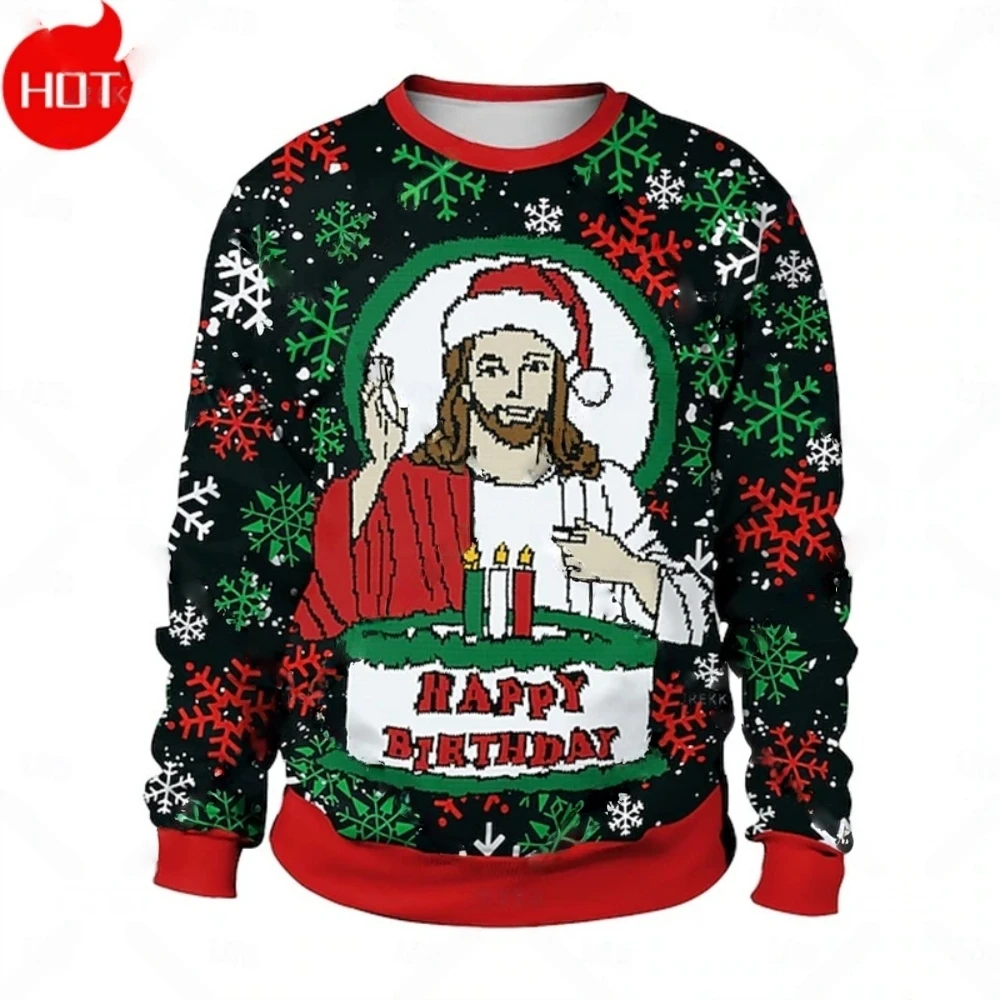 عيد الميلاد سانتا كلوز يسوع Animeweatshirt الرجال الرجعية طويلة الأكمام Sugly ثلاثية الأبعاد طباعة Harajuku س الرقبة ملابس رجالية المتضخم عادية