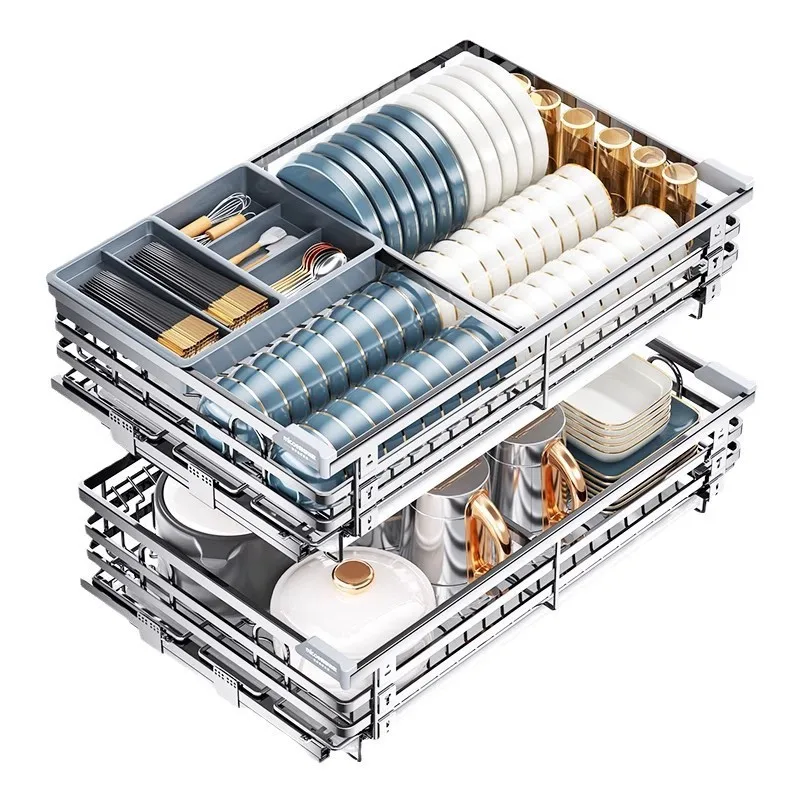 

304 stainless steel double drawer cupboard storage dish rack bowl basket