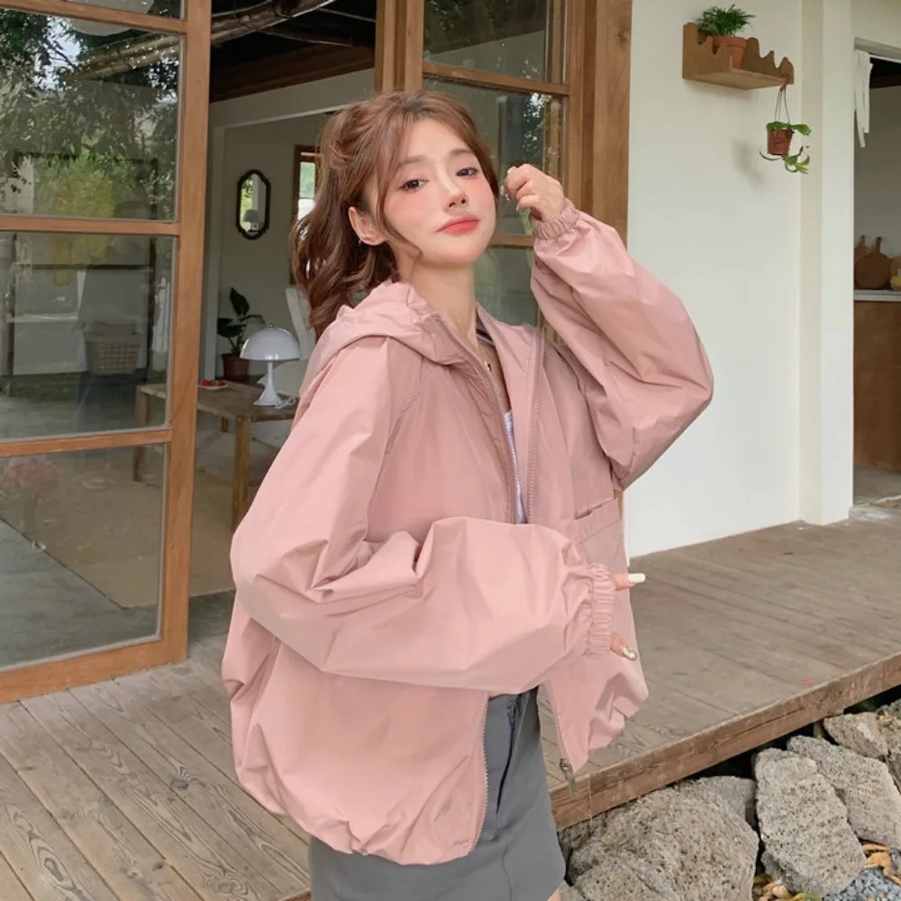 Fashion Loose Sunscreen Coat Women Solid Color Windproof Sun-Protective Tops Quick-Drying Clothing Hooded Jacket Spring Autumn