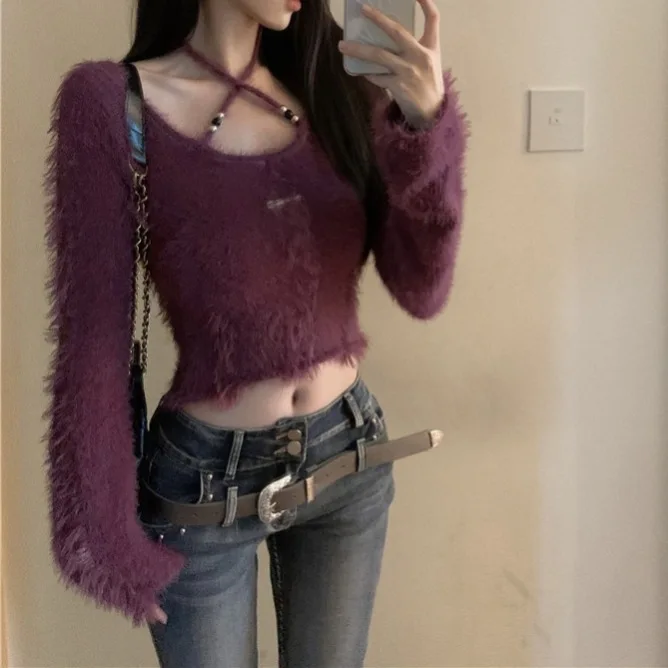 Pure Desire Style Imitation mink fur Round Neck Hanging Neck High Sense Slim Fit and Sensual Off Shoulder Knitted Sweater