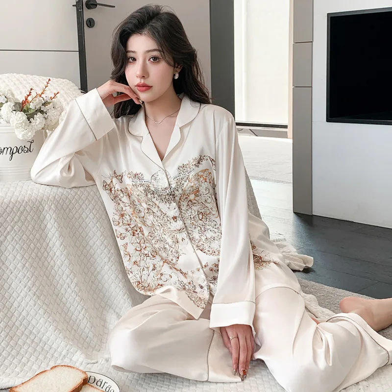 2024 Spring Summer New Pajamas Women\'s Solid Color High-Grade Ice Silk Long-Sleeved Trousers suit Outwear Home Clothes