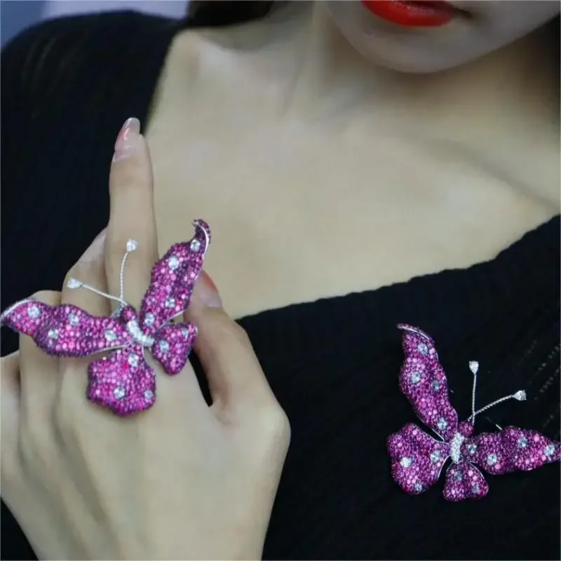 RUIF 2024 New S925 Silver Beautiful 70x50mm Four Colors Butterfly Rings Brooches for Women 5A CZ