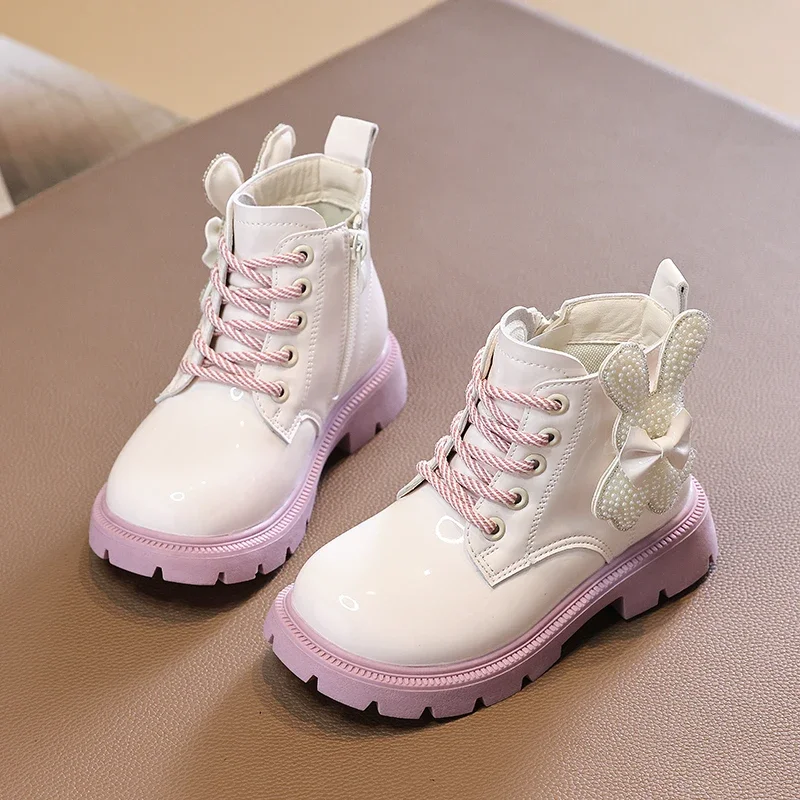 Kids Boots for Girl Glossy Leather PU Princess Platform Ankle Boots Fashion Versatile Children Catwalk Boots Sweet Cute Rabbit