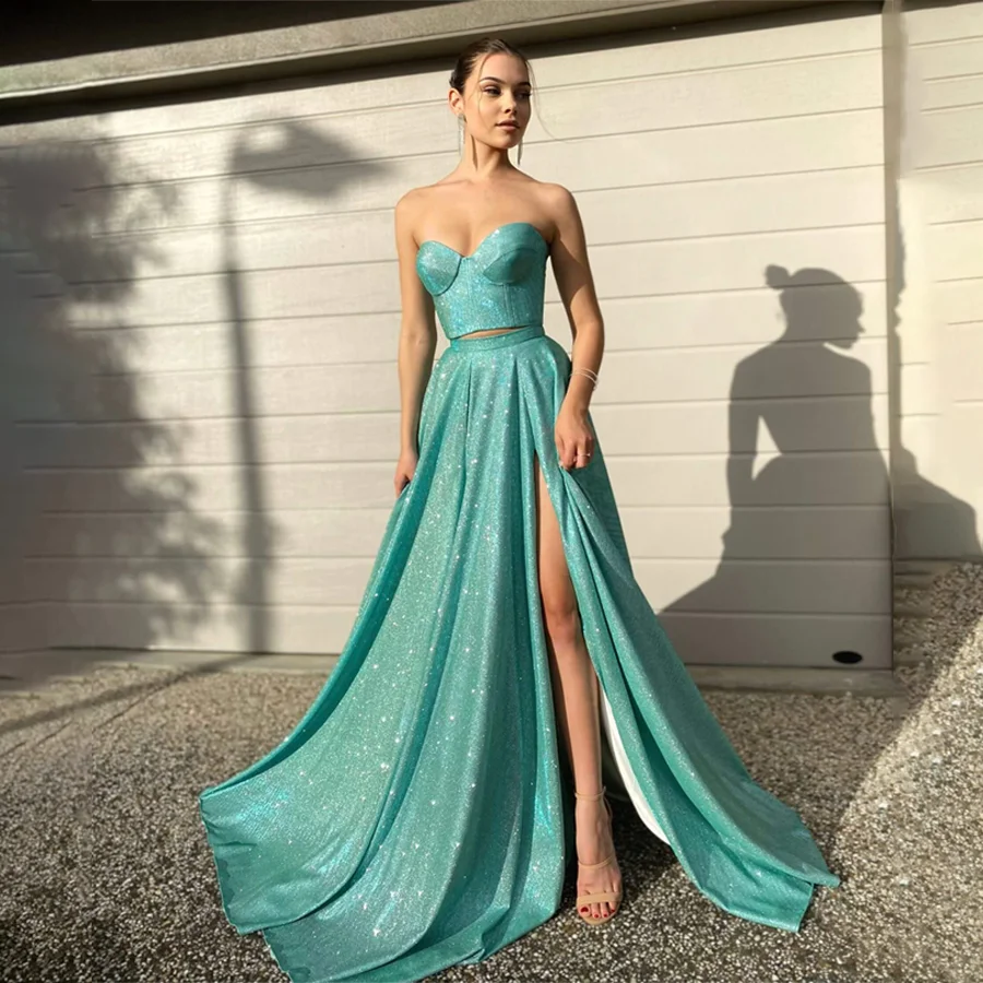 

Sweetheart Strapless Back corset Designs Evening Dress Front Split A-Line Backless Zipper Floor Length Party Dresses