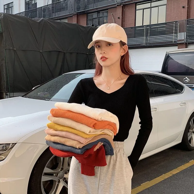 니트 스웨터 여성 풀오버 신상 긴팔 브이넥 화이트 니트 스웨터 풀오버 여성 상의 니트웨어 스웨터 여성용 Q1020