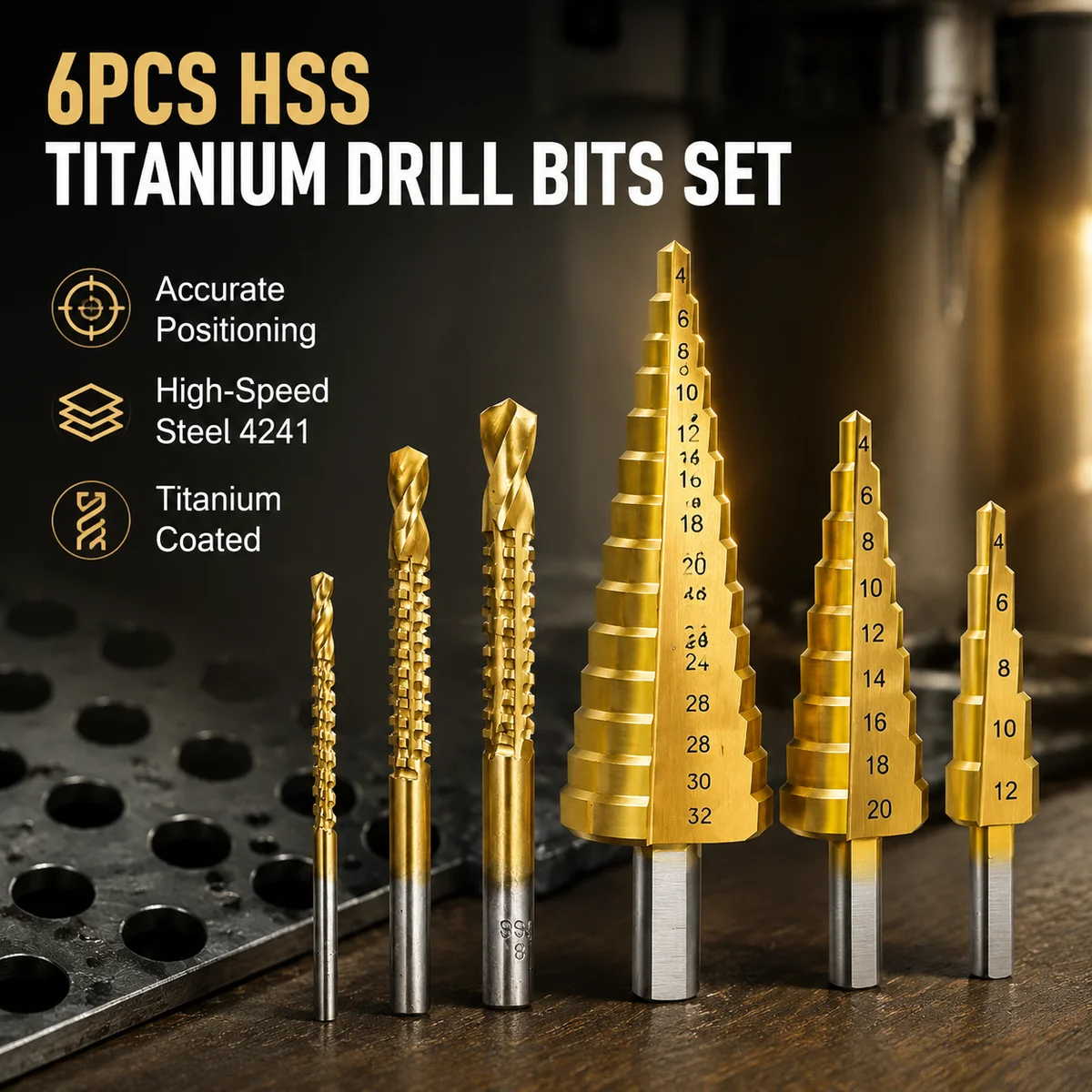 6Pcs HSS Step Drill Bit Set Titanium Coated Triangular Shank for Metal Wood Hole Drilling Chamfering