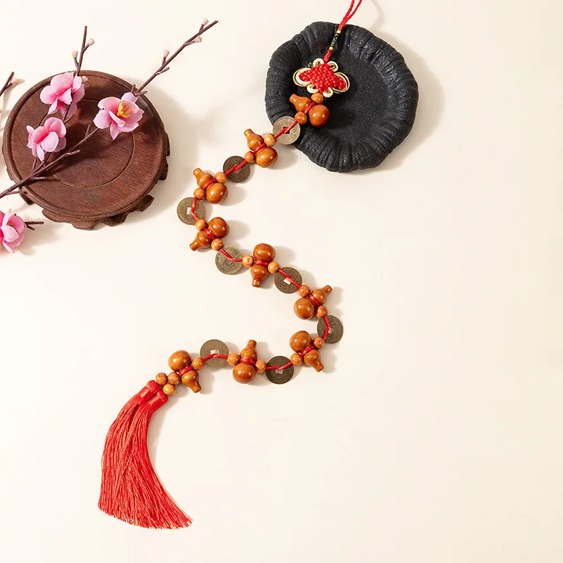 Natural Peach Wood Gourd Hanging Ornament, Chinese Knot with Brass Emperor Coins, Door Wall Decor for Living Room Bedroom, Wind
