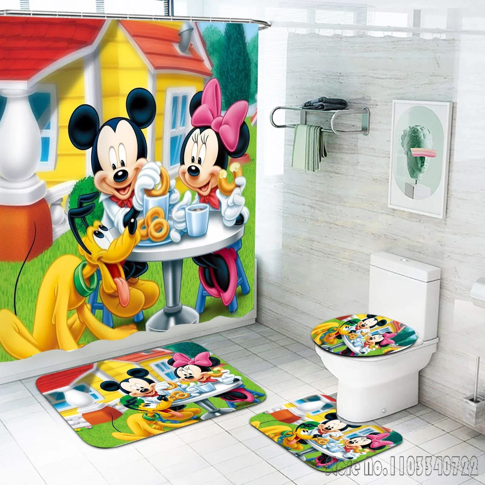 Mickey Mouse Disney Anime Bath Shower Curtain Set 4pcs with Hooks Waterproof Bathroom Toilet Mat Lid Decor