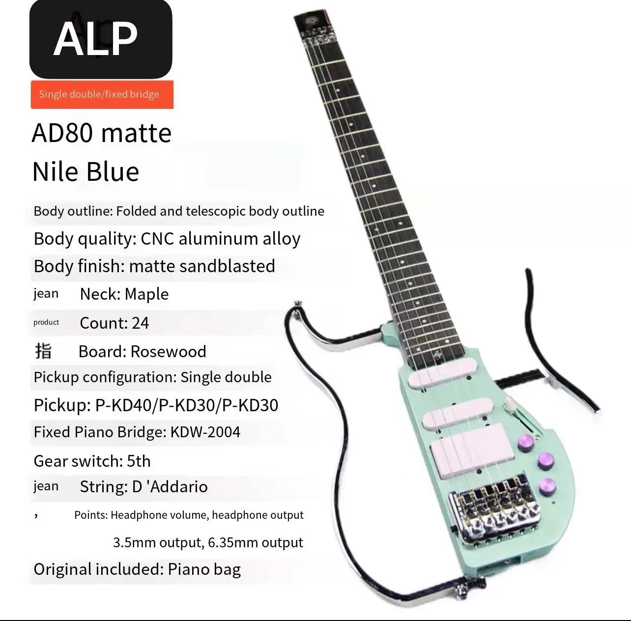 Alp Headless Electric Guitar Foldable Body Structure ,High Quality Travel Guitar AD-80