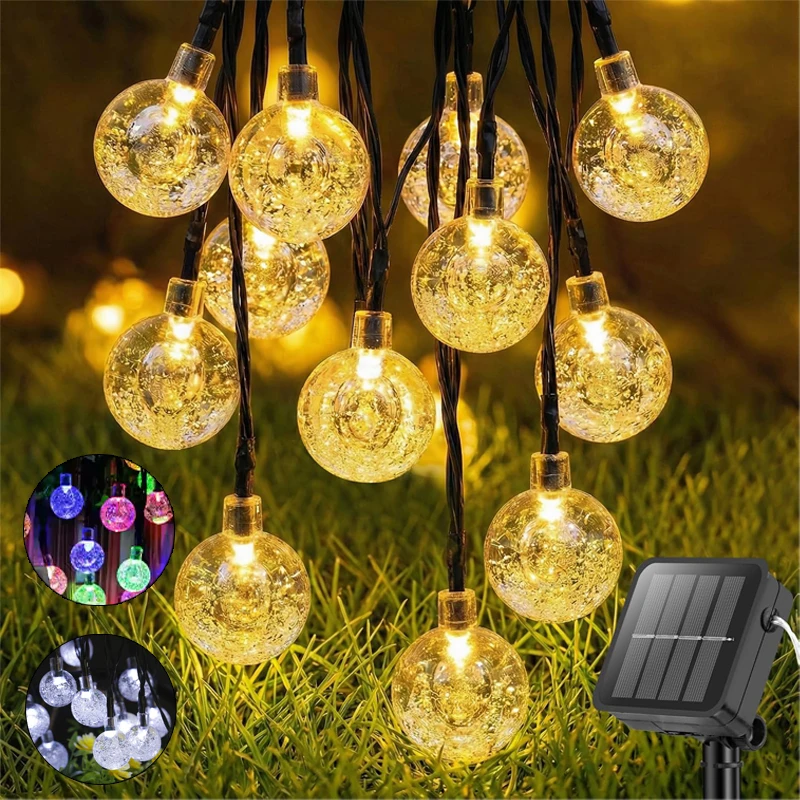 Guirnalda de Luces Solares para Exteriores, 60 Luces LED de Cristal con Forma de Burbuja, 8 Modos, Impermeables, para Jardín, Patio, Decoración de Navidad y Fiestas