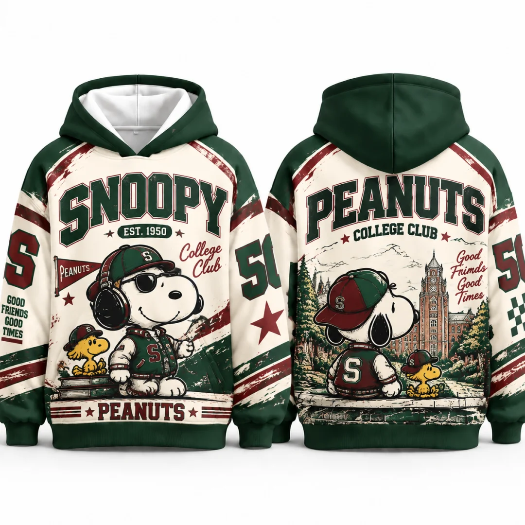 Vintage Peanuts Snoopy College Club Hoodie Kids Retro Campus Cartoon Pullover Hooded Sweatshirt Autumn Streetwear Mens Tops