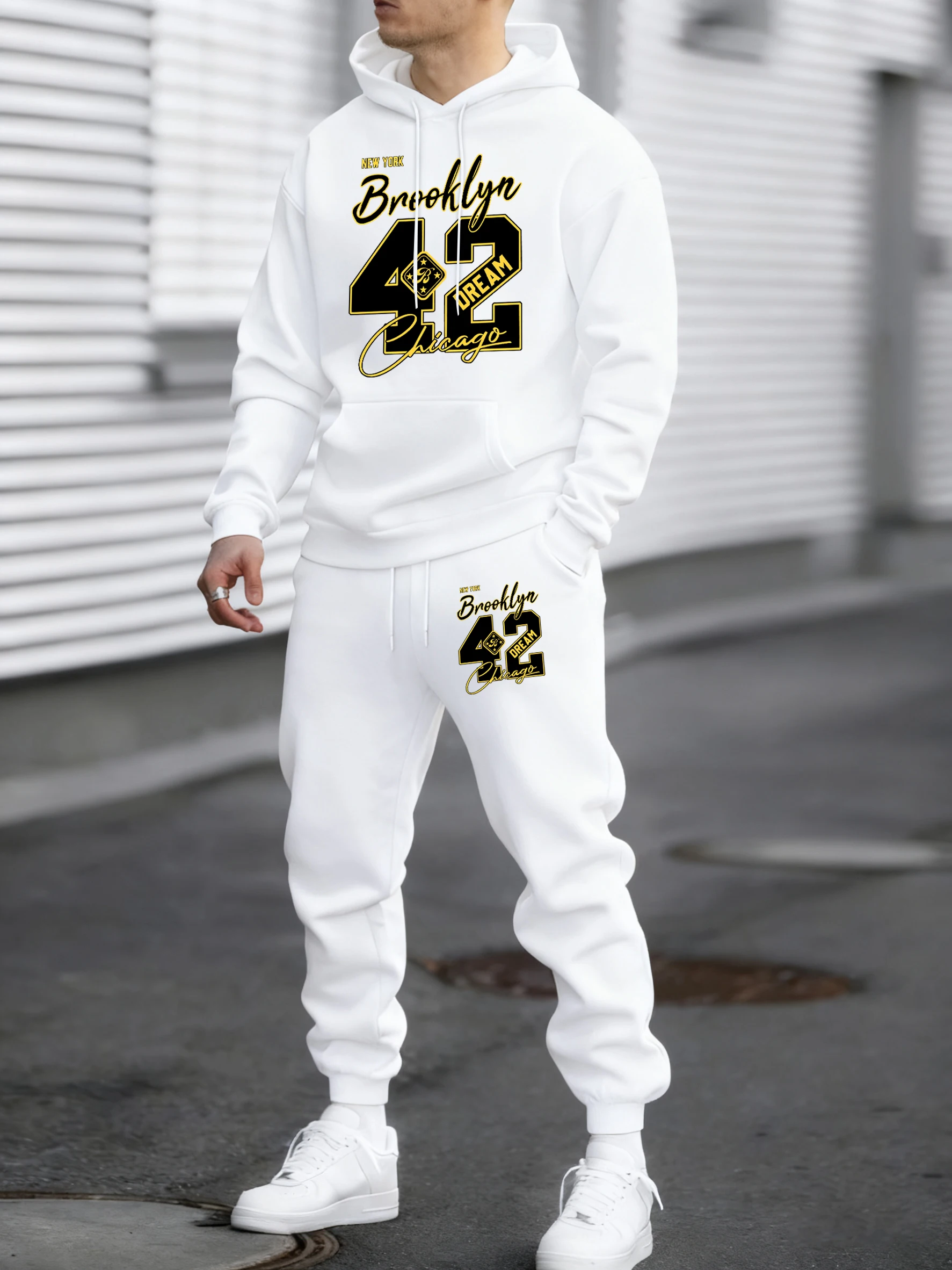 

New York Brooklyn Chicago Number 42 Printing Winter Fleece Men Hoodies Sportpants Set Soft Daily Sweatpants Warm Comfy Tracksuit
