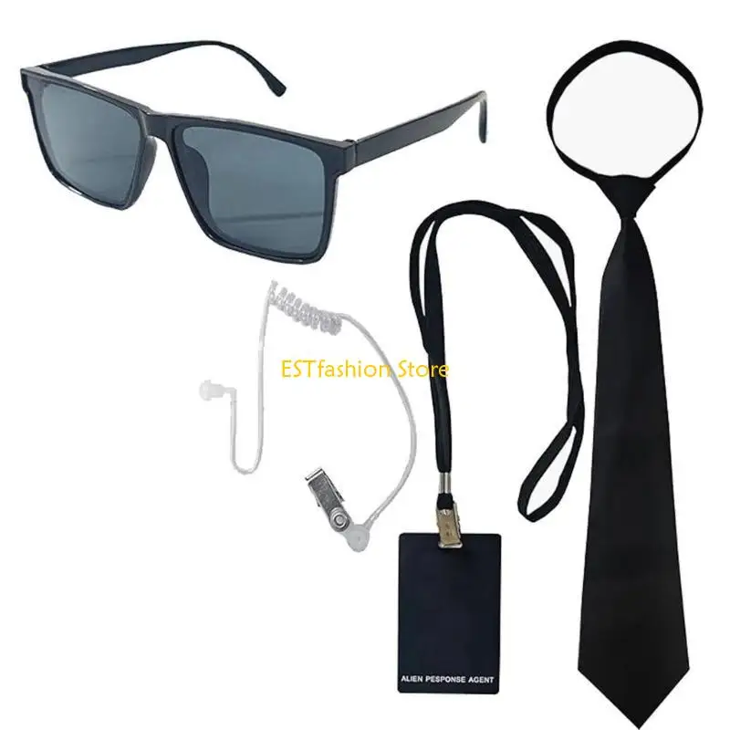 Y5GC Secret Security Guard Costume Accessory For Adult Kid Role Play Halloween Dress up including Glasses Earpiece Neck Tie