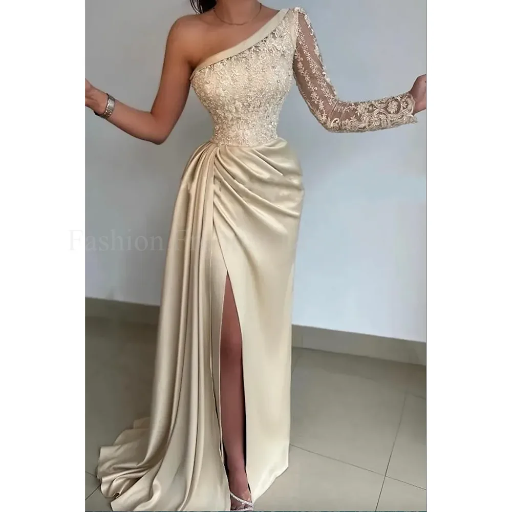 One Shoulder Long Sleeve Elegant Prom Dresses Appliques Pleat High Side Split Floor Length Formal Banquet Party Evening Gowns