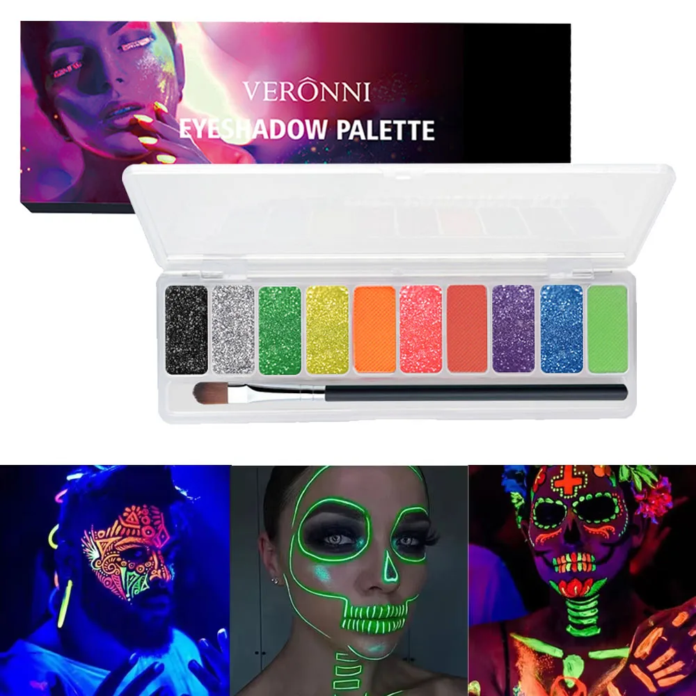 10 Colors Fluorescent Eyeshadow Palette,Neon Face Body Art Paint UV Glow Eyeshadow Halloween Party Fancy Dress Beauty Cosmetics