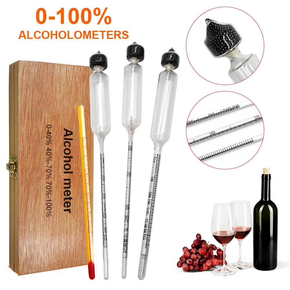 Conjunto de medidor de álcool, 4 unidades, detector 0-100%, testador de álcool + termômetro, hidrômetro de vinho, ferramenta de medição de