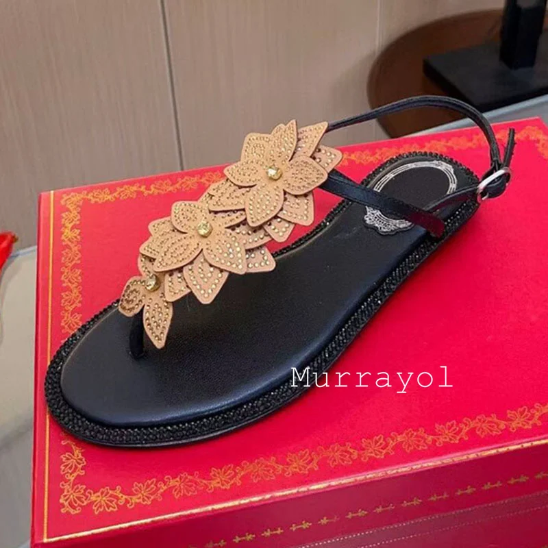 New Satin Finish Flower Rhinestone Decor Flat Sandals Women's One Strap Pinch Toe Sandalias Summer Seaside Vacation Shoes