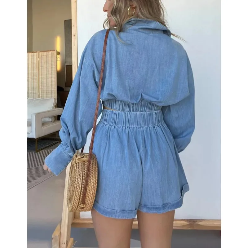 Summer Women's Fashion Deep V Long Sleeve Denim Shirt & Sexy Shorts Set Temperament Commuting Female Casual Short Pants Outfit