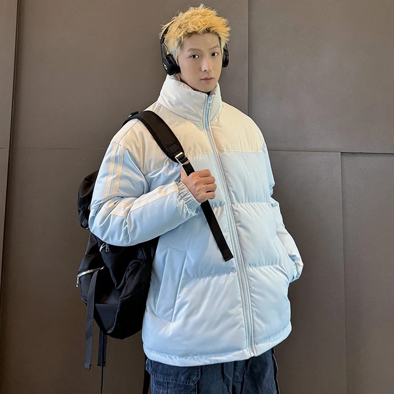Men's Stand up Collar Color Block down Jacket Striped Sleeves Warm Autumn Winter Loose Casual Cotton Jacket