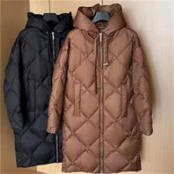 Winter's new Lingge 90 white duck down jacket, lady's medium-length hooded coat.